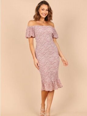 Petal & Pup Claire Shirred Bodycon Off Shoulder Midi Dress - Pink Floral